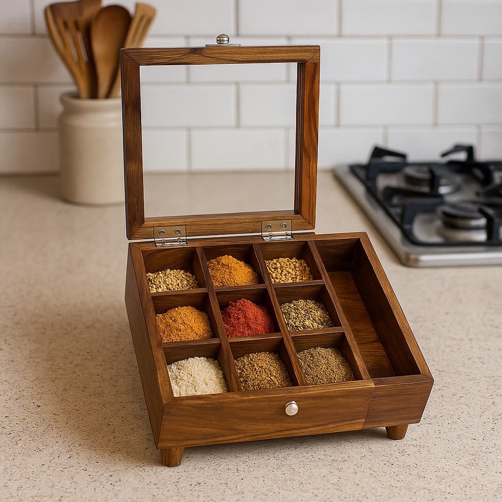 hand crafted wooden spice box